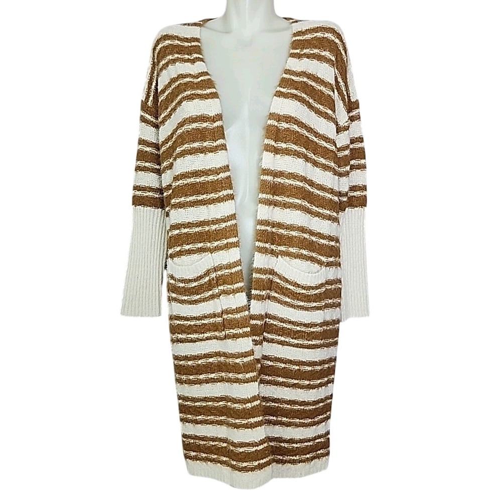Duster Cardigan Womens Small Mustard Yellow White Striped Knit Long Cozy Boho